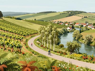 AI-generated illustration of the 13 cycling routes of Bela Krajina — cyclists on a country lane among vineyards, birch groves and the Kolpa river