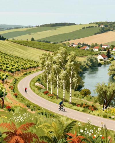 AI-generated illustration of the 13 cycling routes of Bela Krajina — cyclists on a country lane among vineyards, birch groves and the Kolpa river