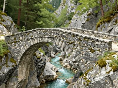 AI-generated illustration of the 18th-century Devil's Bridge built by Baron Žiga Zois, a single stone arch spanning the Mostnica gorge near Stara Fužina