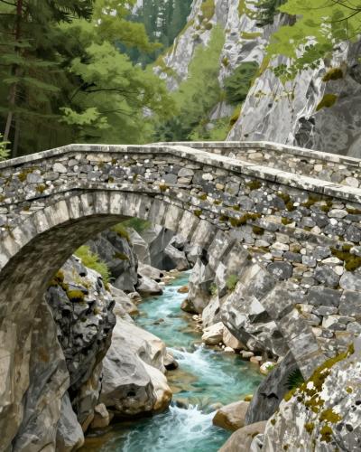 AI-generated illustration of the 18th-century Devil's Bridge built by Baron Žiga Zois, a single stone arch spanning the Mostnica gorge near Stara Fužina