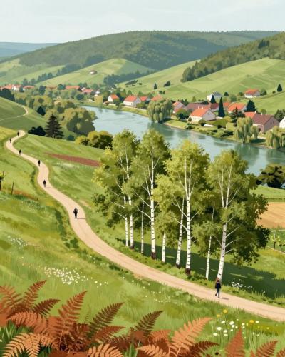 AI-generated illustration of the 25 marked hiking trails of Bela Krajina — a footpath through birch groves and meadows above the Kolpa river