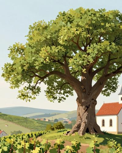 AI-generated illustration of the 400-year-old linden tree on Trška Gora Hill beside the hilltop pilgrimage church above the vineyards of Novo Mesto