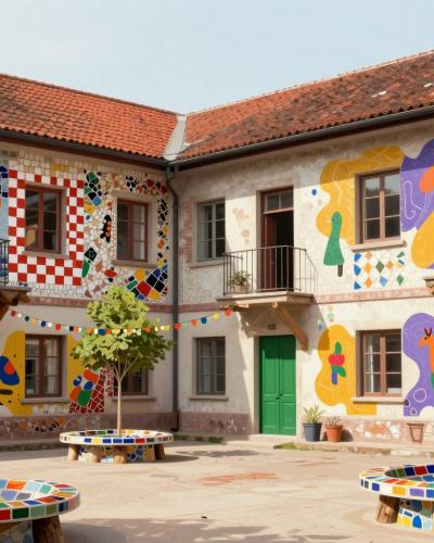 AI-generated illustration of the abandoned military barracks art squat in Ljubljana — mosaic-covered facades and painted courtyard of the alternative art quarter