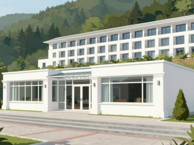 AI-generated illustration of the Afrodita beauty center in Rogaška Slatina — a white spa pavilion on the promenade below the terraced resort hotel
