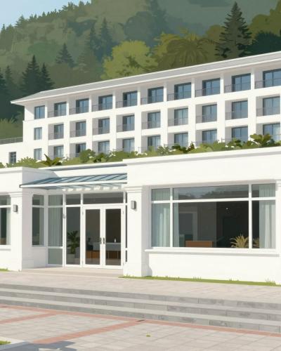 AI-generated illustration of the Afrodita beauty center in Rogaška Slatina — a white spa pavilion on the promenade below the terraced resort hotel