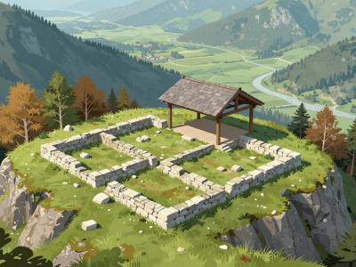 AI-generated illustration of the Ajdna Archaeological Site — late-antique stone foundations and a wooden protective shelter on a mountain ledge above the valley