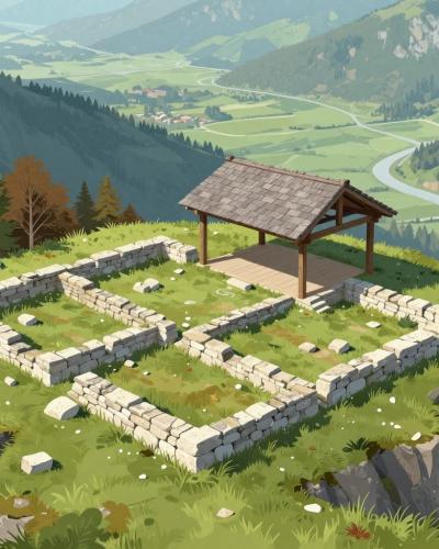 AI-generated illustration of the Ajdna Archaeological Site — late-antique stone foundations and a wooden protective shelter on a mountain ledge above the valley