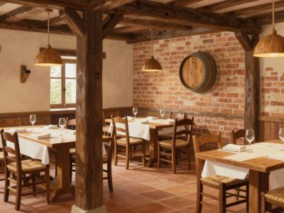 AI-generated illustration of Amon Homestead in Podčetrtek — the rustic wine-cellar style restaurant with timber beams and barrel decorations