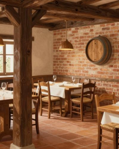 AI-generated illustration of Amon Homestead in Podčetrtek — the rustic wine-cellar style restaurant with timber beams and barrel decorations