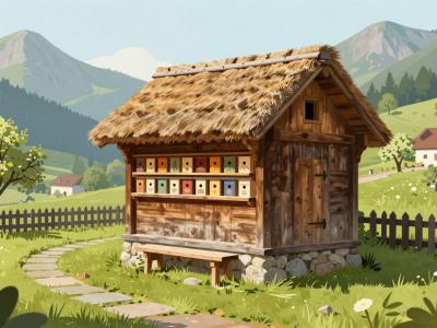 AI-generated illustration of Anton Janša's Apiary in Breznica, a wooden bee house with a thatched straw roof and rows of painted beehive panels in an alpine village meadow