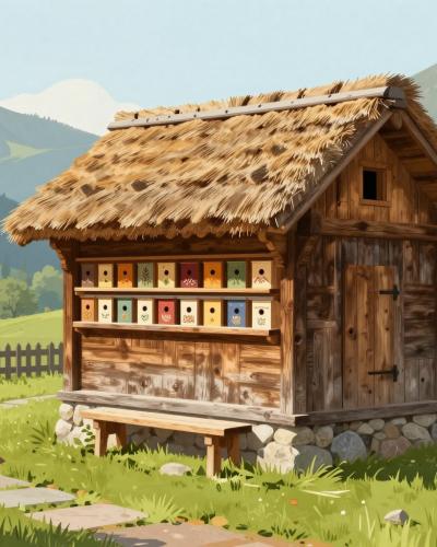 AI-generated illustration of Anton Janša's Apiary in Breznica, a wooden bee house with a thatched straw roof and rows of painted beehive panels in an alpine village meadow