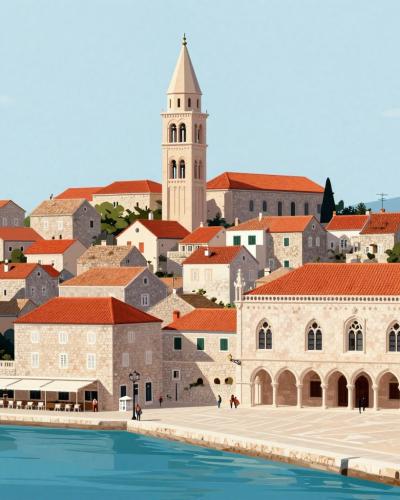 AI-generated illustration of the architectural heritage of Slovenian Istria, Venetian Gothic facades, a slender campanile and red-tiled houses above an Adriatic harbor