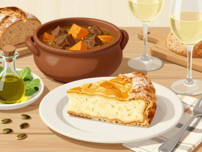 AI-generated illustration of authentic Štajerska cuisine, a rustic table with layered cottage-cheese pastry, hearty stew, salad with pumpkin seed oil and white wine