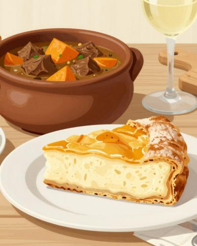 AI-generated illustration of authentic Štajerska cuisine, a rustic table with layered cottage-cheese pastry, hearty stew, salad with pumpkin seed oil and white wine