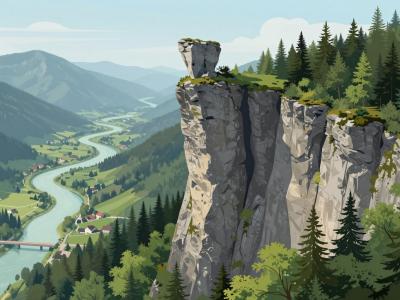 AI-generated illustration of Babji Zob (Hag's Tooth) near Bohinjska Bela, a sharp limestone pinnacle on a high forested cliff above the Sava Bohinjka valley