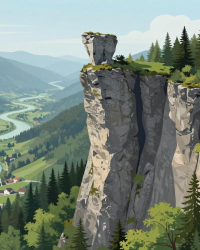 AI-generated illustration of Babji Zob (Hag's Tooth) near Bohinjska Bela, a sharp limestone pinnacle on a high forested cliff above the Sava Bohinjka valley