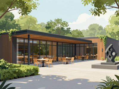 AI-generated illustration of the Balnea Hotel Restaurant in Dolenjske Toplice, a contemporary timber-and-glass spa hotel terrace with dining tables in a leafy park