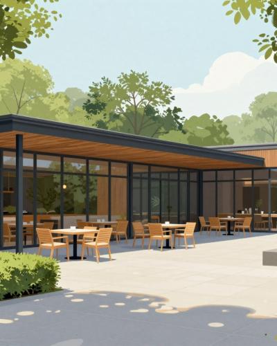 AI-generated illustration of the Balnea Hotel Restaurant in Dolenjske Toplice, a contemporary timber-and-glass spa hotel terrace with dining tables in a leafy park