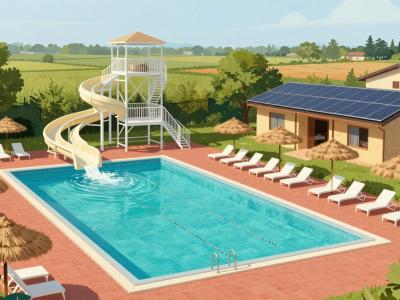 AI-generated illustration of Banovci Thermal Spa in Pomurje, an outdoor pool with a water slide tower, straw parasols and sun loungers amid flat Pannonian farmland
