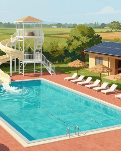 AI-generated illustration of Banovci Thermal Spa in Pomurje, an outdoor pool with a water slide tower, straw parasols and sun loungers amid flat Pannonian farmland