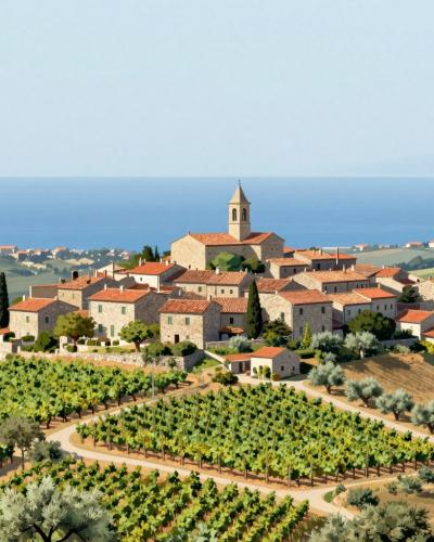 AI-generated illustration of Beautiful views from Korte - an Istrian hilltop village amid vineyards and olive groves overlooking the Adriatic