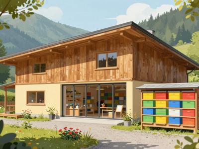 AI-generated illustration of the Beekeeping Education Centre of Gorenjska in Lesce with its timber-clad building and colourful traditional apiary