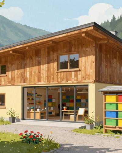 AI-generated illustration of the Beekeeping Education Centre of Gorenjska in Lesce with its timber-clad building and colourful traditional apiary