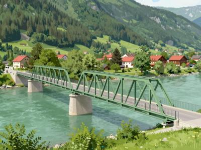 AI-generated illustration of the Bicycle Bridge in Dravograd - a green steel bridge for cyclists crossing the emerald Drava River