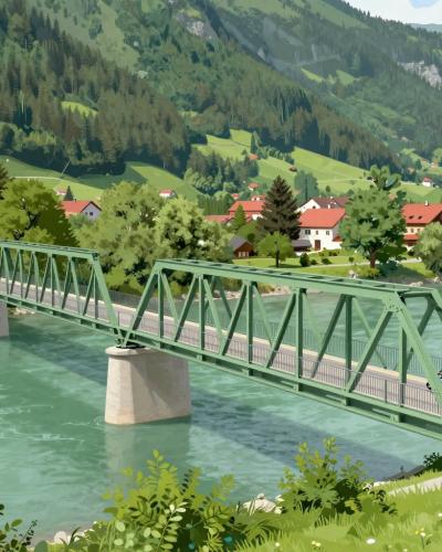 AI-generated illustration of the Bicycle Bridge in Dravograd - a green steel bridge for cyclists crossing the emerald Drava River