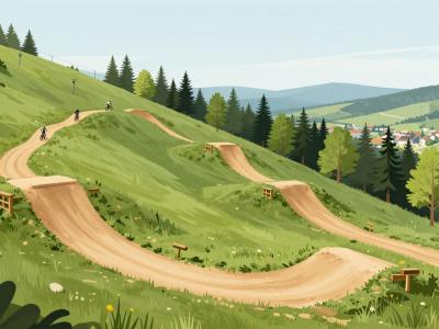 AI-generated illustration of Bike Park Poseka in Ravne na Koroskem - flow trails with berms and jumps on a green hillside with lift access