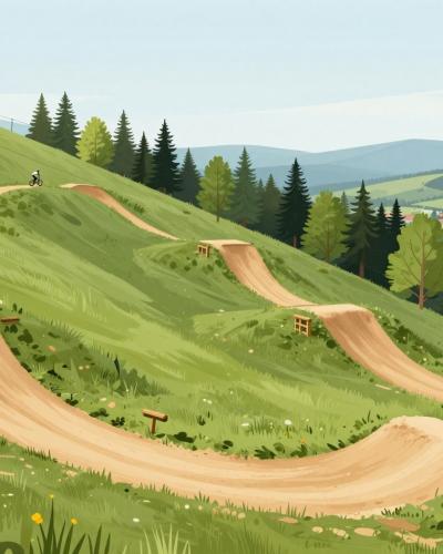 AI-generated illustration of Bike Park Poseka in Ravne na Koroskem - flow trails with berms and jumps on a green hillside with lift access