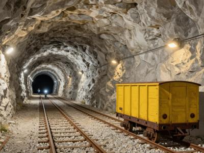 AI-generated illustration of underground Bike Tours in Podzemlje Pece - cyclists riding through the lamplit tunnels of the historic Mezica mine