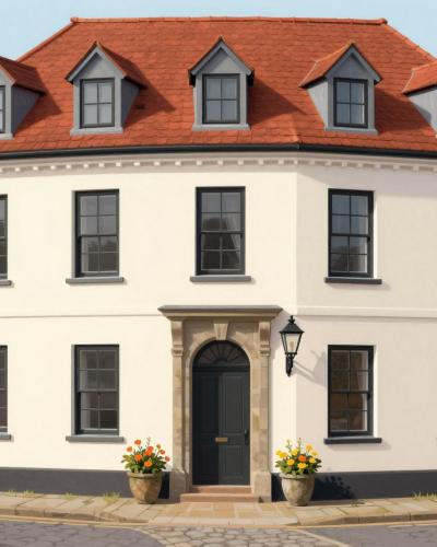 AI-generated illustration of the Birthplace of Rudolf Maister in Kamnik - a 19th-century corner townhouse with dormered red roof and stone portal