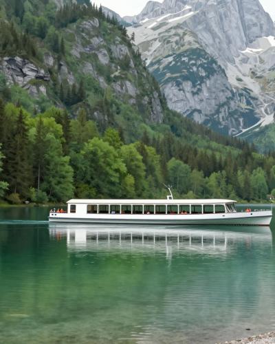AI-generated illustration of a boat ride across Lake Bohinj, an electric passenger boat crossing the emerald alpine lake beneath forested mountainsides and limestone peaks
