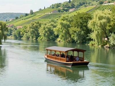 AI-generated illustration of Boat Trips On Drava River, a covered wooden excursion boat drifting along the calm green river past willow banks and vineyard hills in Štajerska