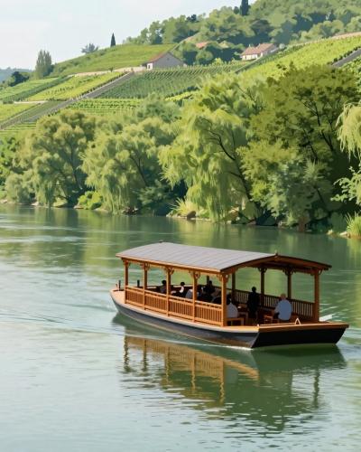 AI-generated illustration of Boat Trips On Drava River, a covered wooden excursion boat drifting along the calm green river past willow banks and vineyard hills in Štajerska