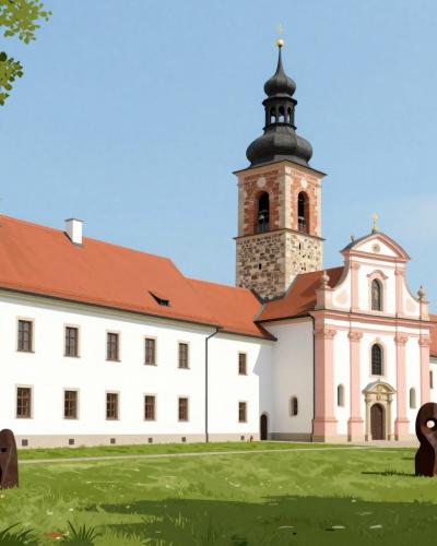 AI-generated illustration of the Božidar Jakac Art Museum in Kostanjevica na Krki, a former Cistercian monastery with a baroque church, patchwork stone bell tower and sculpture lawn