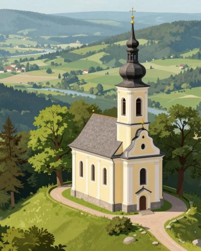 AI-generated illustration of Brinjeva Gora above Zreče, a forested hilltop crowned by a small baroque pilgrimage church overlooking the Dravinja Valley