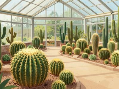 AI-generated illustration of the Cacti Pavilion near Rogaška Slatina, a bright glasshouse filled with golden barrel, columnar and globular cacti in gravel beds