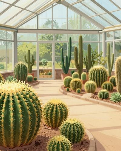 AI-generated illustration of the Cacti Pavilion near Rogaška Slatina, a bright glasshouse filled with golden barrel, columnar and globular cacti in gravel beds