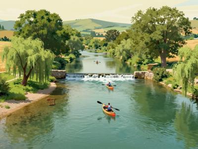 AI-generated illustration of Canoeing and Rafting at Jankovič (Stari pod) — canoes on the calm green Kolpa River near Adlešiči