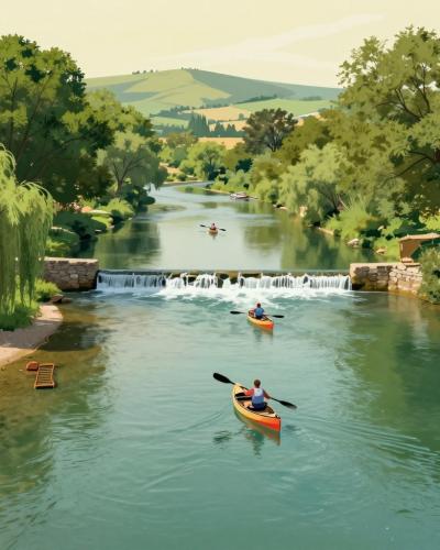 AI-generated illustration of Canoeing and Rafting at Jankovič (Stari pod) — canoes on the calm green Kolpa River near Adlešiči
