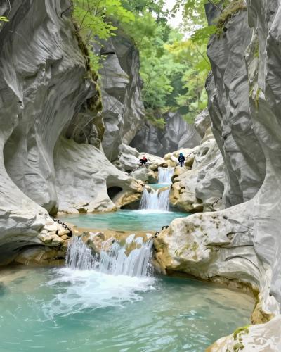 AI-generated illustration of Canyoning With Blažka — canyoners descending a narrow limestone gorge with turquoise pools near Bovec