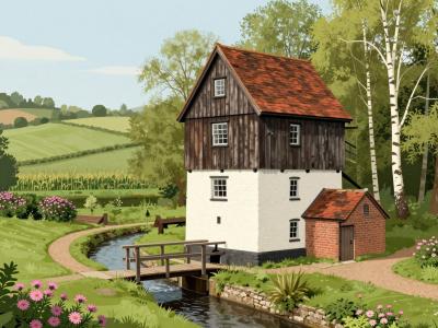 AI-generated illustration of Časar's Mill, a historic wooden water mill by the Ratkovci stream in Berkovci, Pomurje