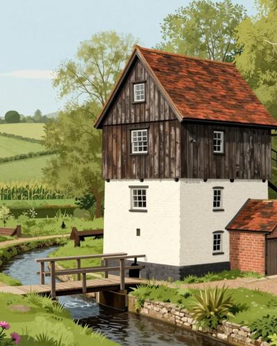 AI-generated illustration of Časar's Mill, a historic wooden water mill by the Ratkovci stream in Berkovci, Pomurje