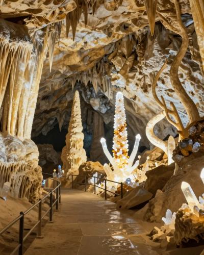 AI-generated illustration of the cave under Babji Zob near Bohinjska Bela, with dripstone formations, helictites and crystals