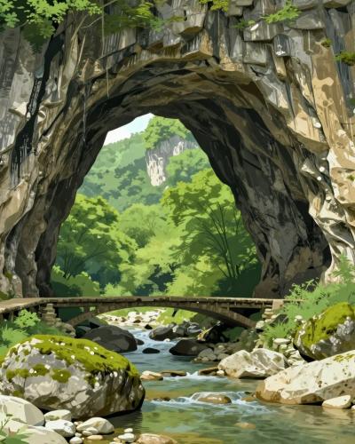 AI-generated illustration of the great natural rock bridge in the Rakov Škocjan karst valley