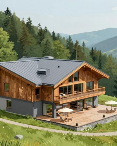 AI-generated illustration of Celjska Koča, the modern timber-clad mountain lodge in the forested hills above Celje