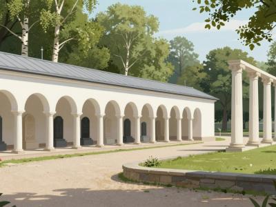 AI-generated illustration of Cemetery For Slovenian Notables, the Navje memorial park arcade in Ljubljana