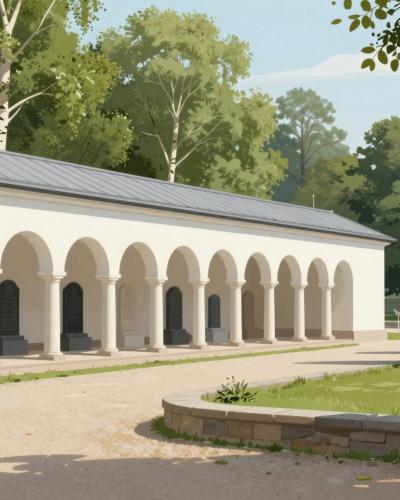 AI-generated illustration of Cemetery For Slovenian Notables, the Navje memorial park arcade in Ljubljana